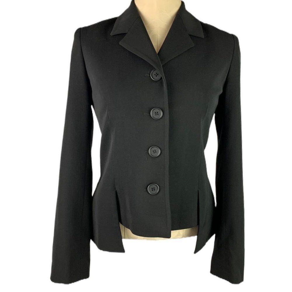 4 Thalian‎ Women's Black Wool Blend 4 Button Blazer Jacket Hi Lo Fitted